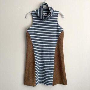 THML Anthropologie Blue Knit Faux Suede Panel Cowl Neck Shift Dress Size Small